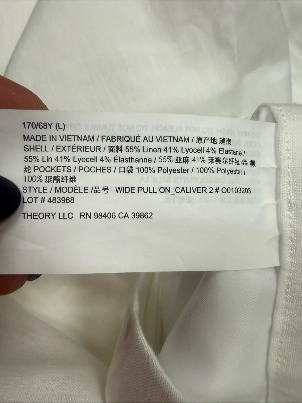 Theory white wide-leg linen blend trousers pants women’s Size Large